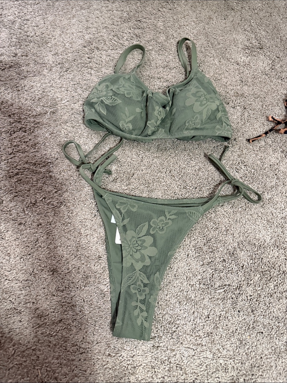 American Eagle Outfitters Olive Green Floral Lace Bikini